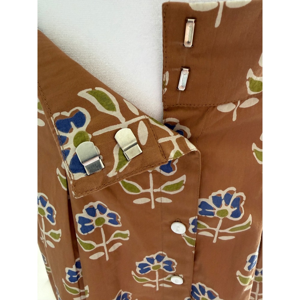 Livro Brown Floral Block Print Button Down Shirt Cotton Band Collar and Skirt - Picture 8 of 15